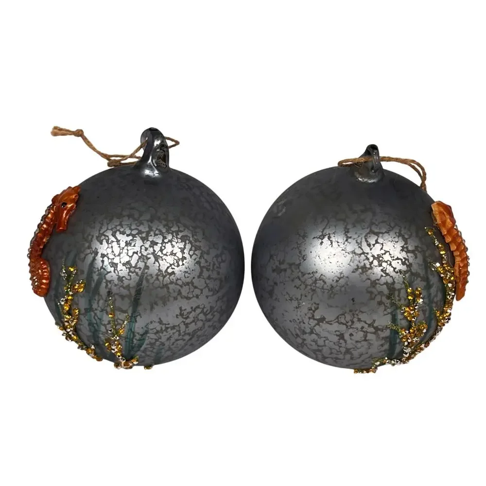 Pottery Barn Orange Seahorse Golden Seaweed Antiqued Crackle Glass Ornaments x2